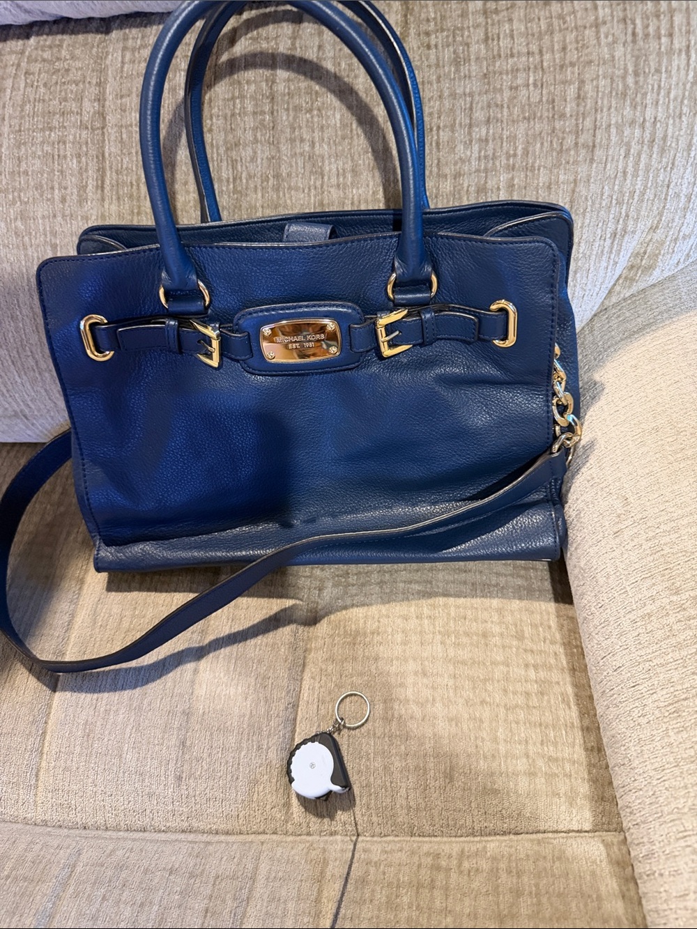Michael Kors Hamilton East West  Blue Leather Satchel with Gold Hardware 10by 14